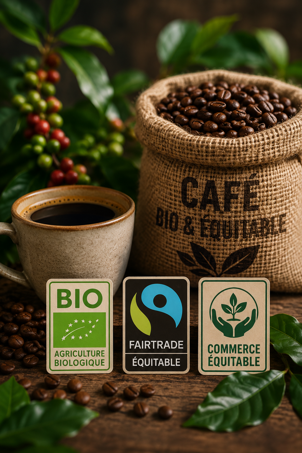 Sac de café portant des labels bio et équitable