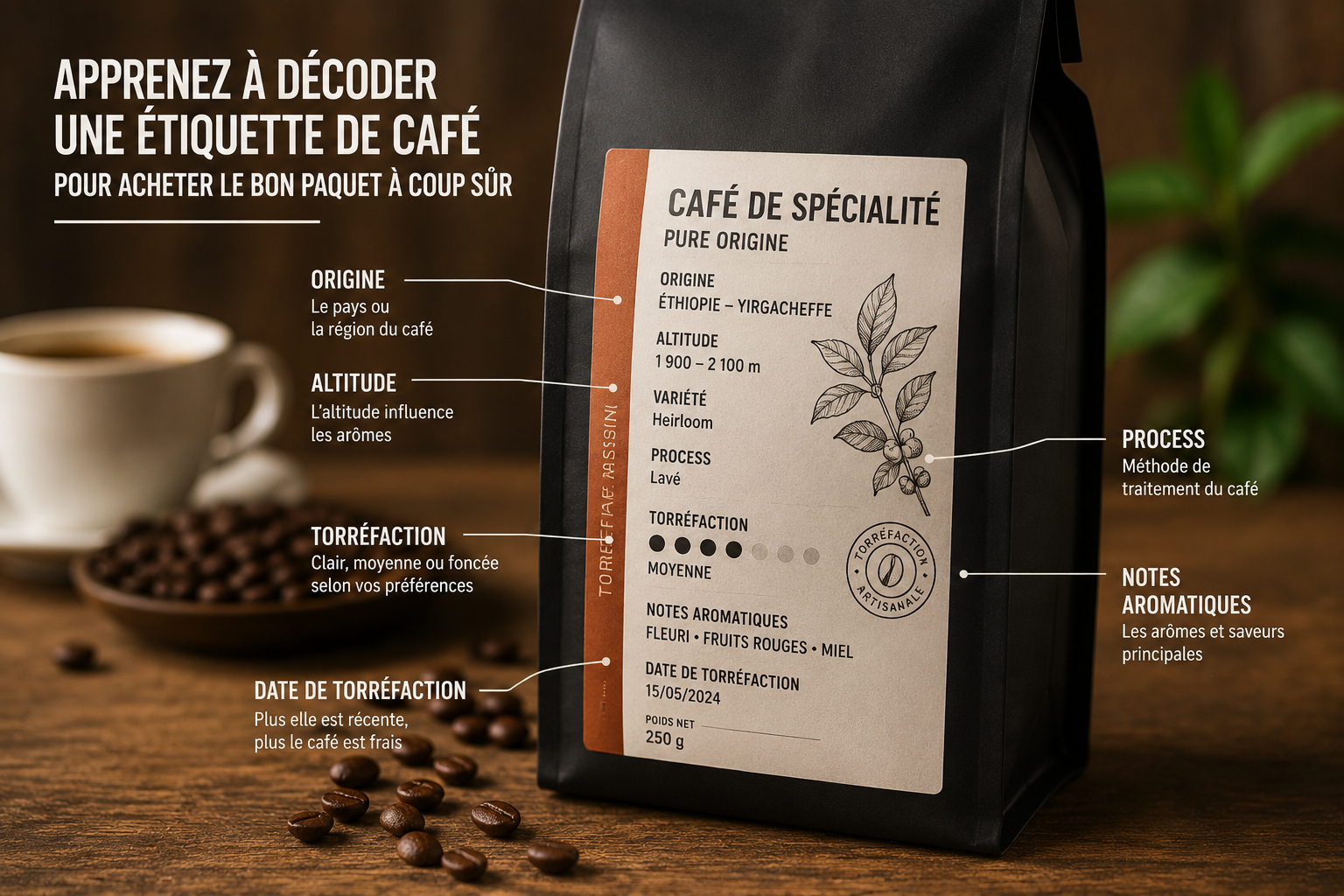 Étiquette détaillée d'un paquet de café de spécialité
