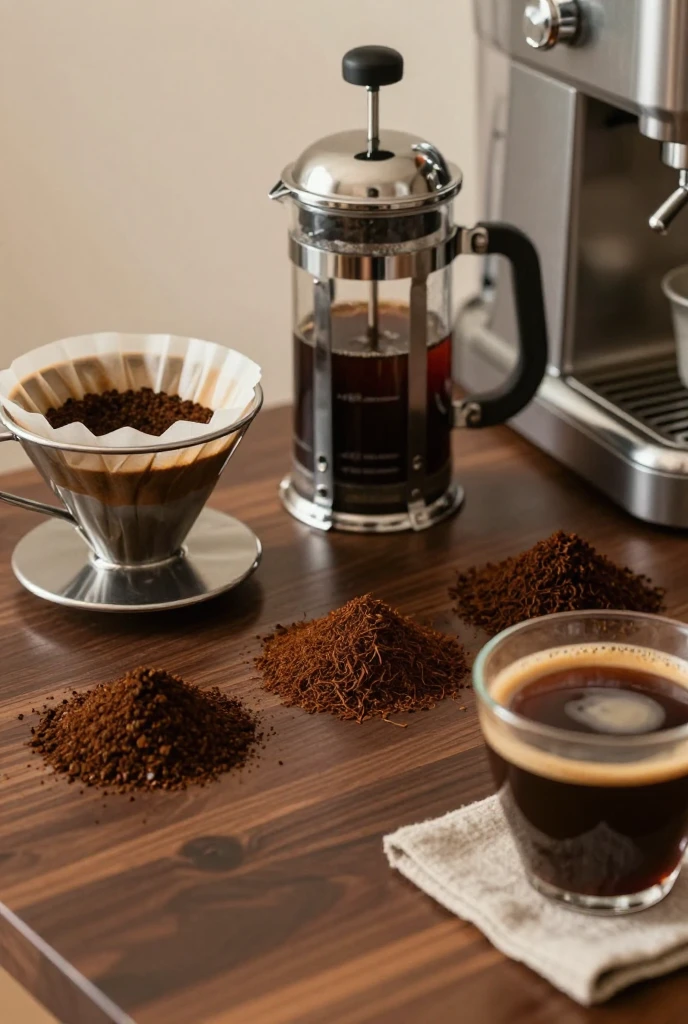 Café moulu de différentes finesses présenté côte à côte